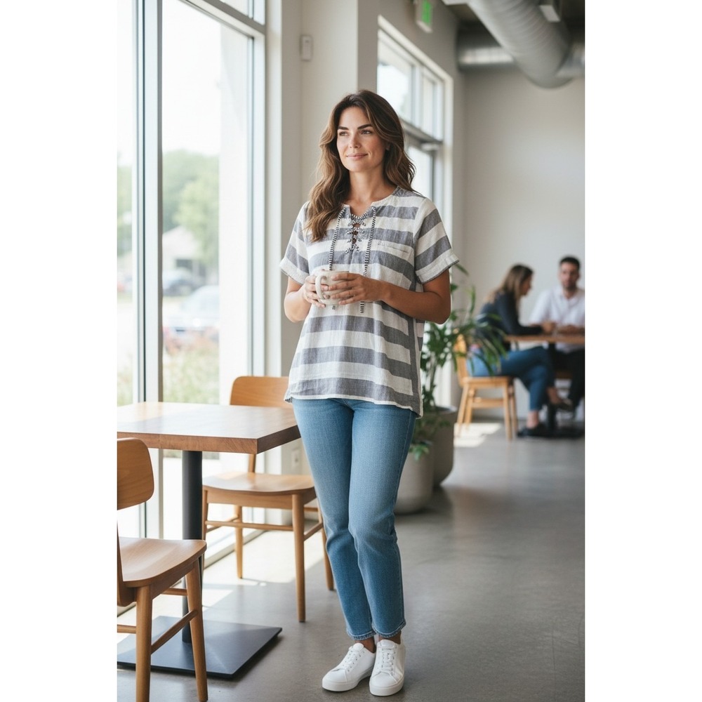 Ace & Jig Striped Lace Up‎ Shirt White/Gray Clean Small Boho Minimalist Cotton